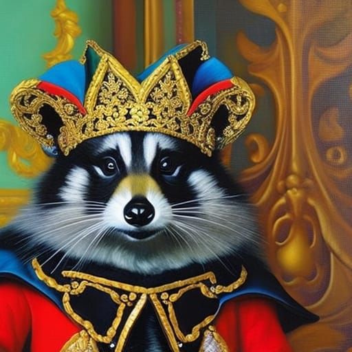 Raccoon Court Jester in Baroque Oil Painting