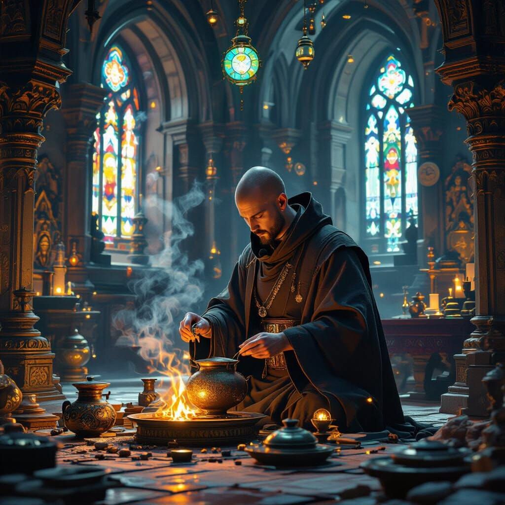 Monk Brewing Potion in Mystical Abbey