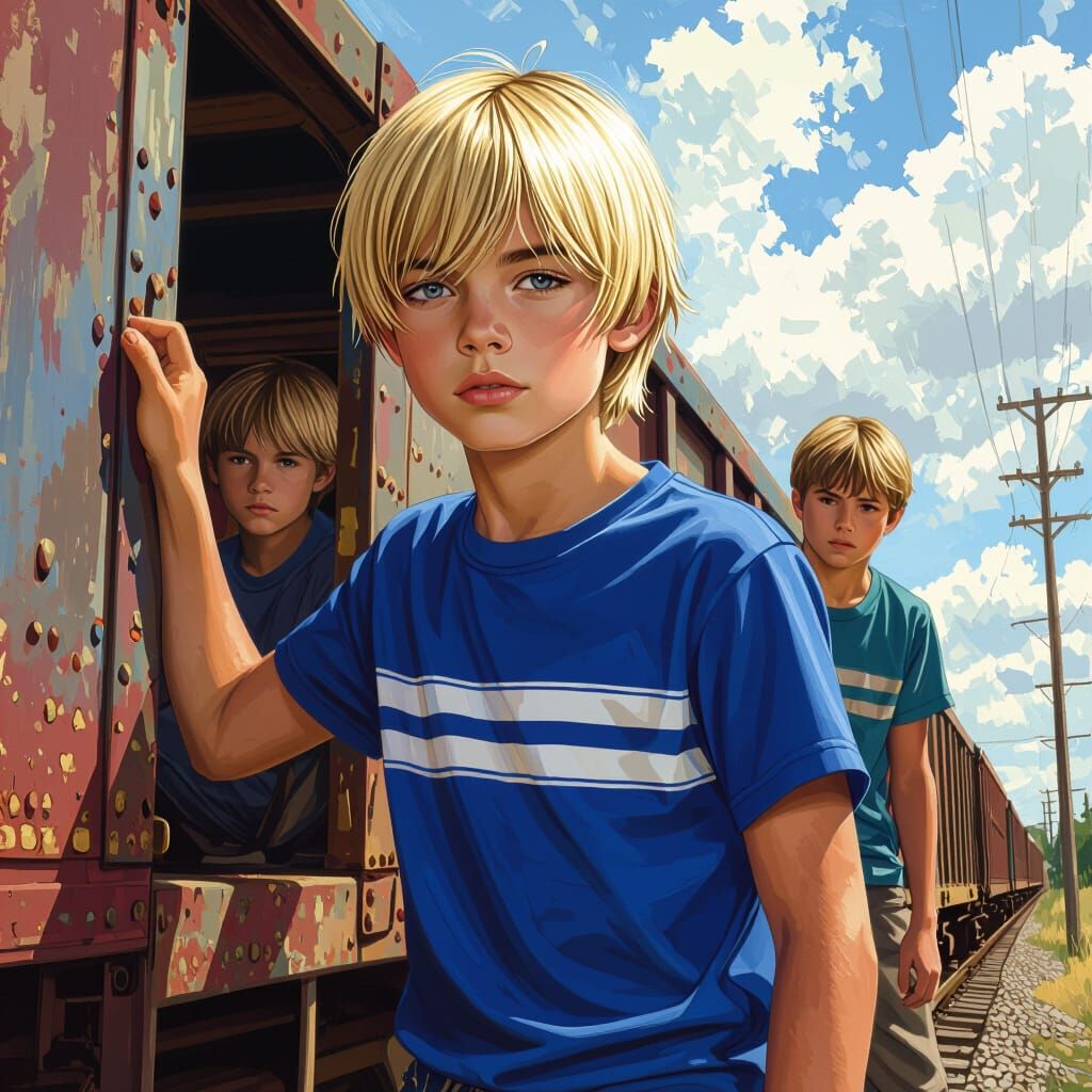 Boys Boarding Freight Train in Hyperrealistic Splash Art Sty...