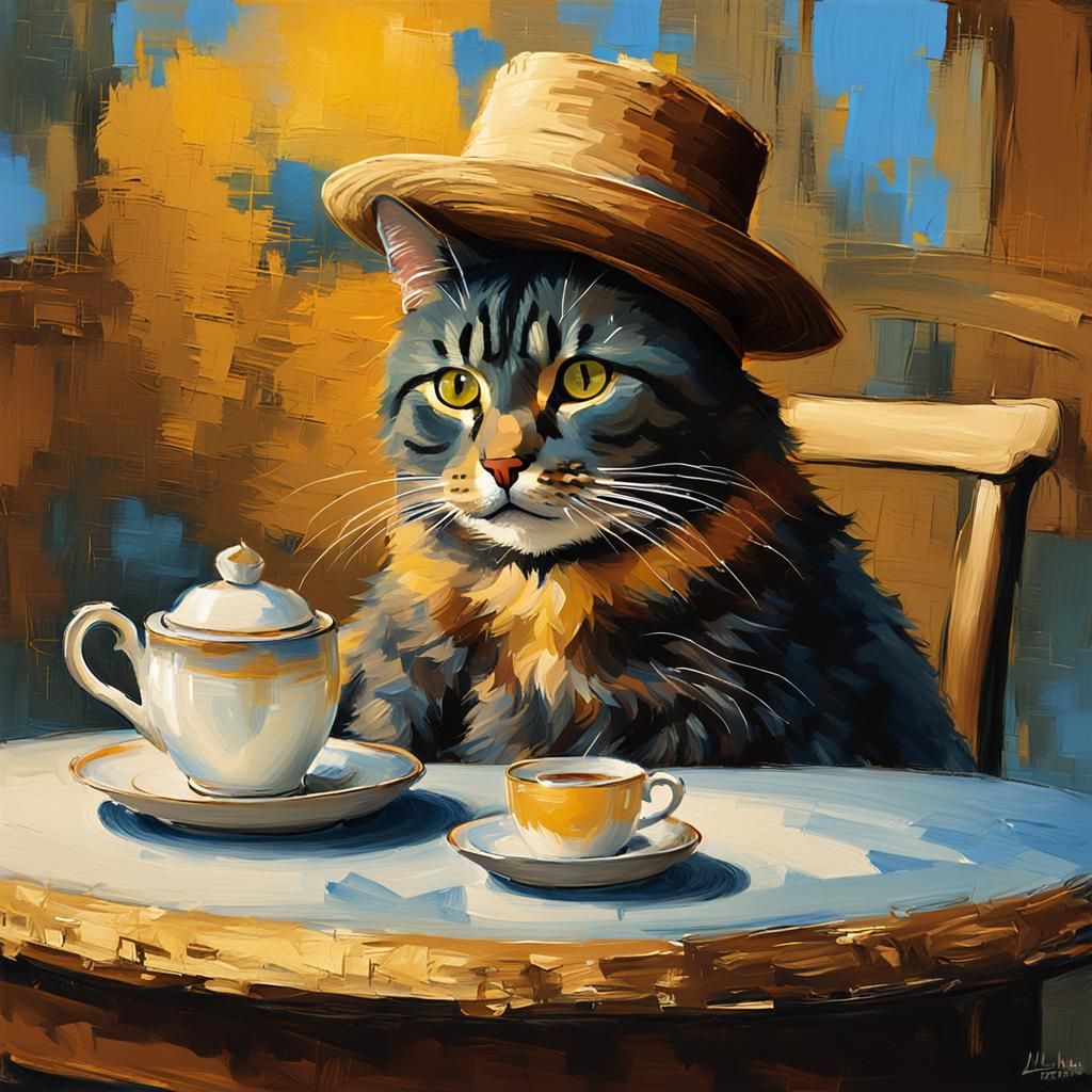 Cat Drinking Tea in Impressionist Digital Art Style