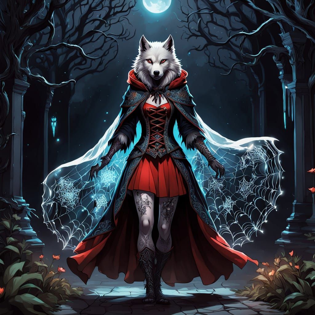 Gothic Red Riding Hood in Mystical Bioluminescent Attire