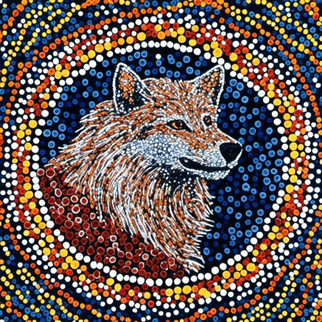 Tasmanian Wolf Cave Painting in Pointillism Style