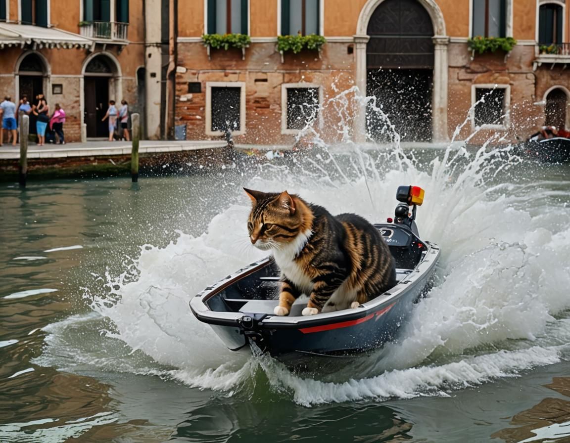 Cat Drives Speedboat Through Venice Canals
