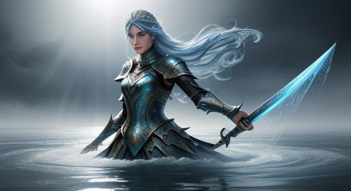 Ethereal Arabian Warrior Rises from Flowing Water in a Misty...