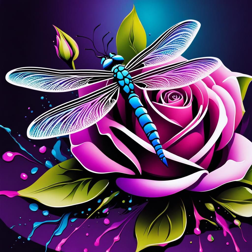 Dragonfly on Purple Rose in Graffiti Art Style