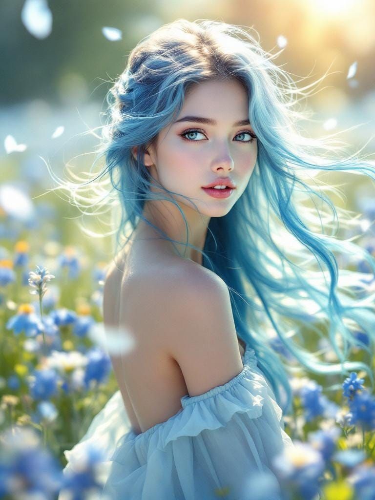 Ethereal Woman in Blue Meadow: Digital Fantasy Art