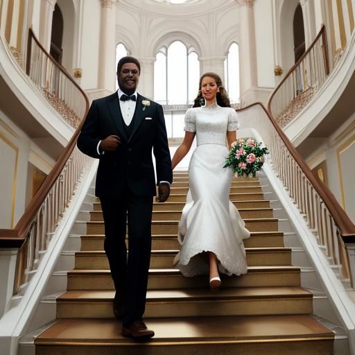 The stairs are made of gigantic Merci chocolate, and the man is standing at the top of the stairs, holding a rose, the w...