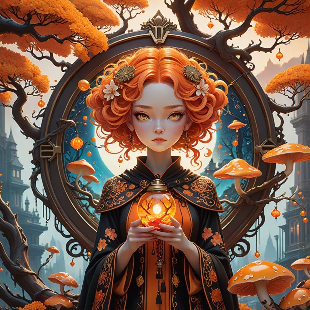 Mystical Woman in Vibrant Orange Dreamscape