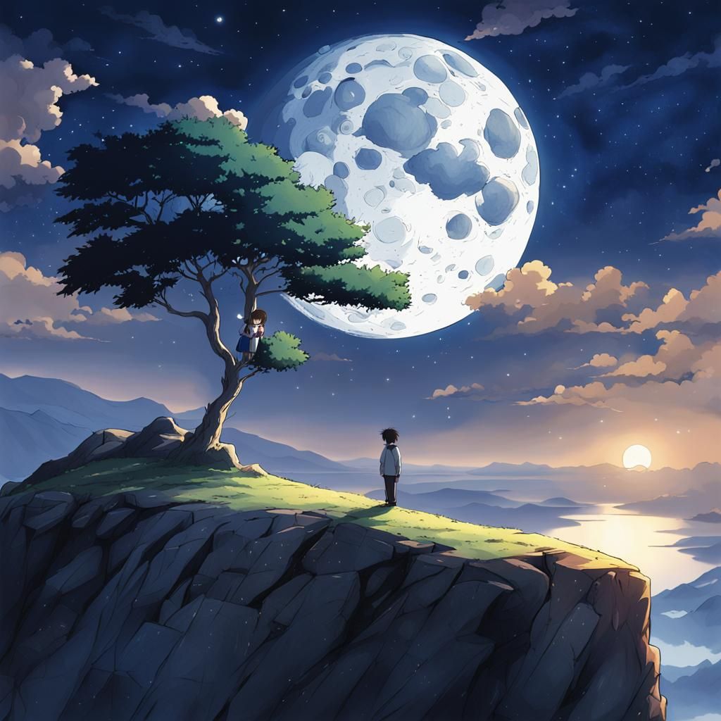 Moonlit Cliffside Stargazer in Anime Style