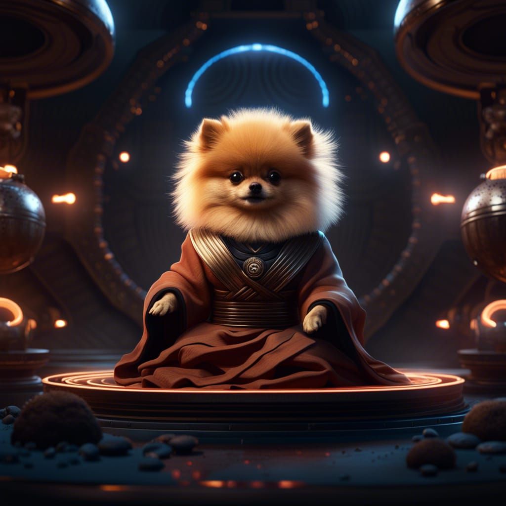 Pomeranian Jedi Master Meditating: Digital Art