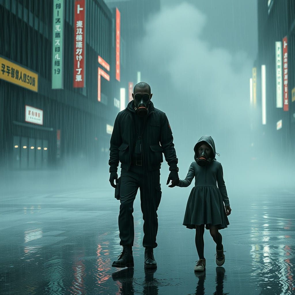 Man and Girl in Rain-Soaked Metropolis, Cinematic in Style
