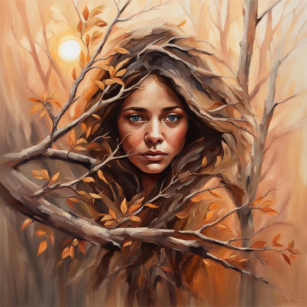Acrylic earthy portrait. Medium shot. Woman's gentle face among soft textured tree branches in a serene setting