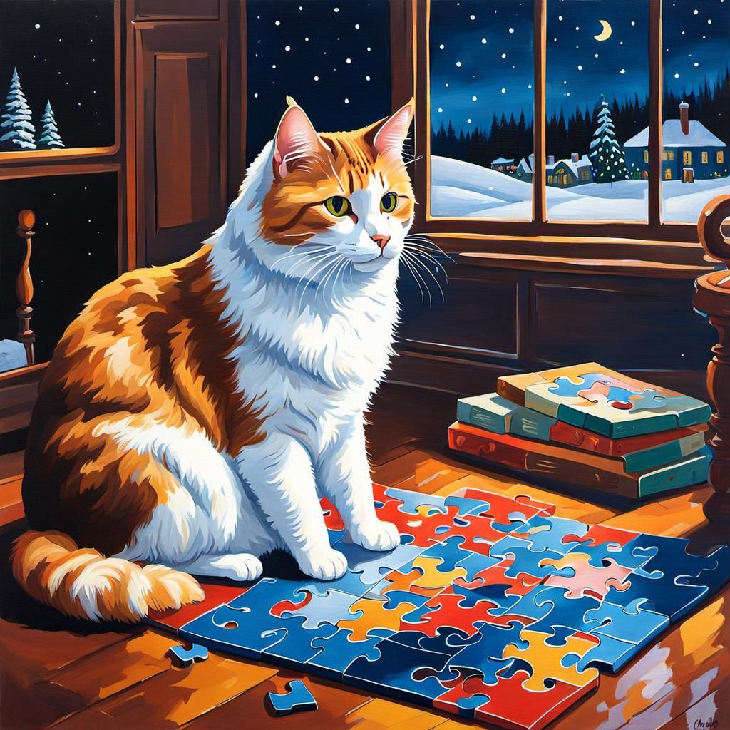 Cozy Cat on Puzzle: Gouache Painting