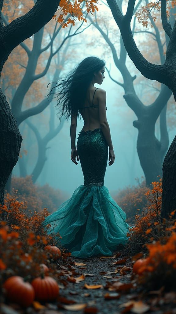 Halloween Mermaid in Dark Fantasy Autumn Landscape