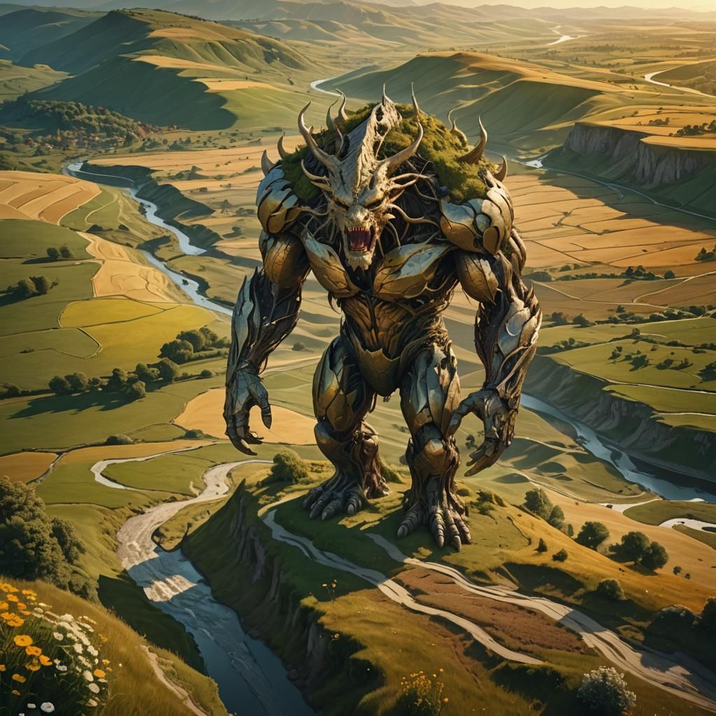 Colossal Earth Creature in Surreal Landscape