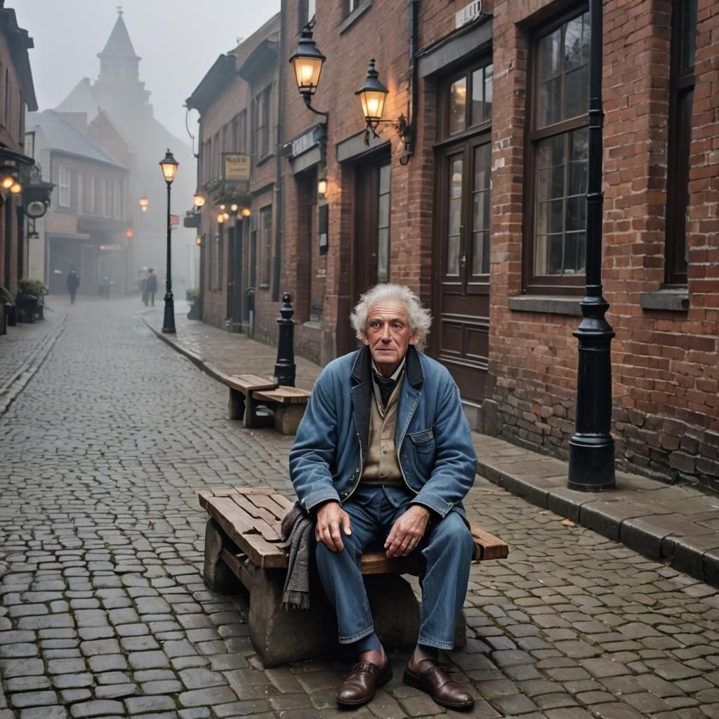 Contemplative Elderly Man on Cobblestone Street