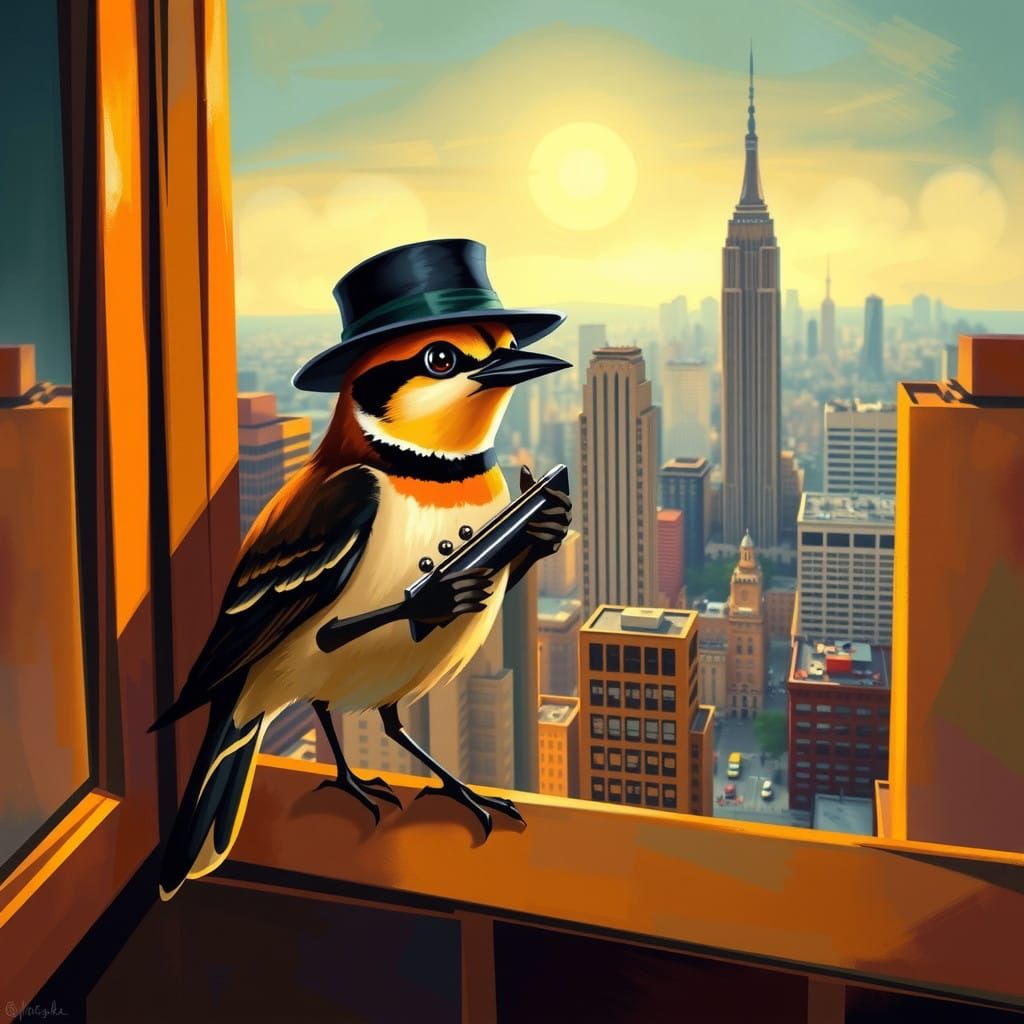 Stylish Whinchat Bird Plays Harmonica in Cityscape