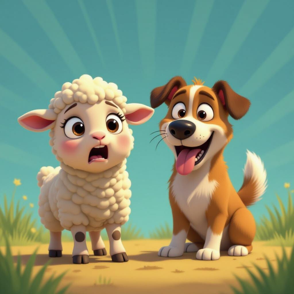 Terrified Lamb and Goofy Dog: A Cartoon Moment