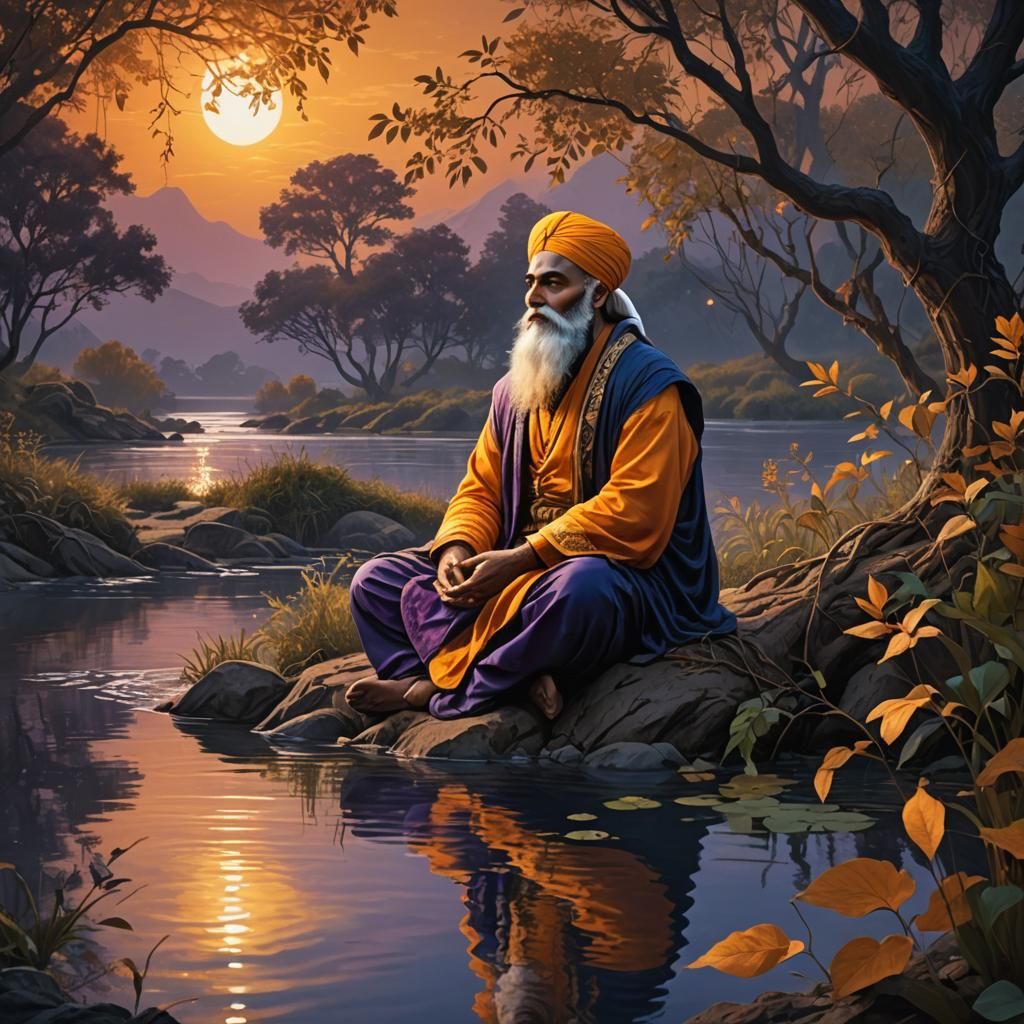 Guru Nanak Meditating: Fantasy Art in Oil Painting Style