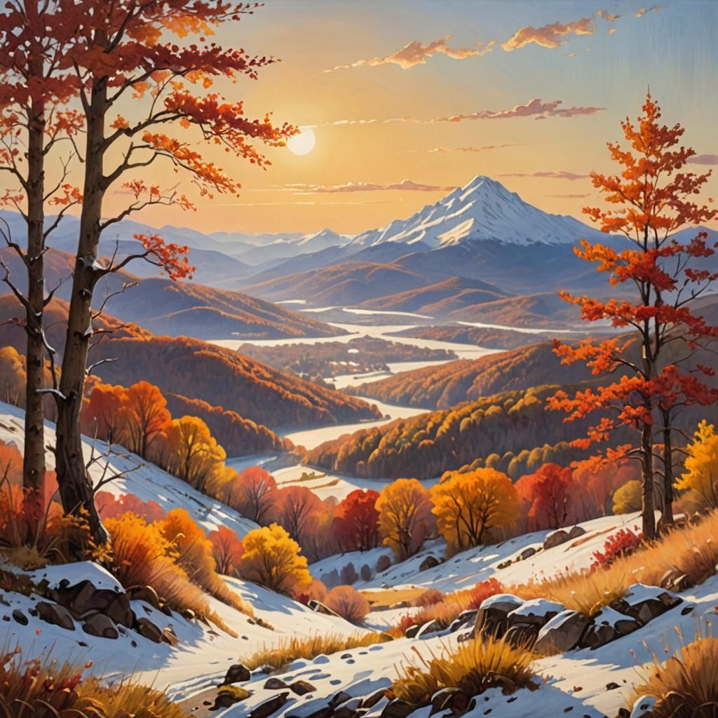 Sunlit Autumn Landscape Painting with Snow-Capped Mountain