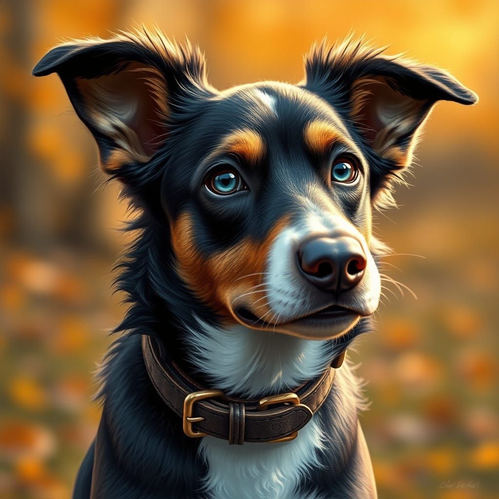 Impressionistic Portrait of a Blue-Eyed Dog in Autumn