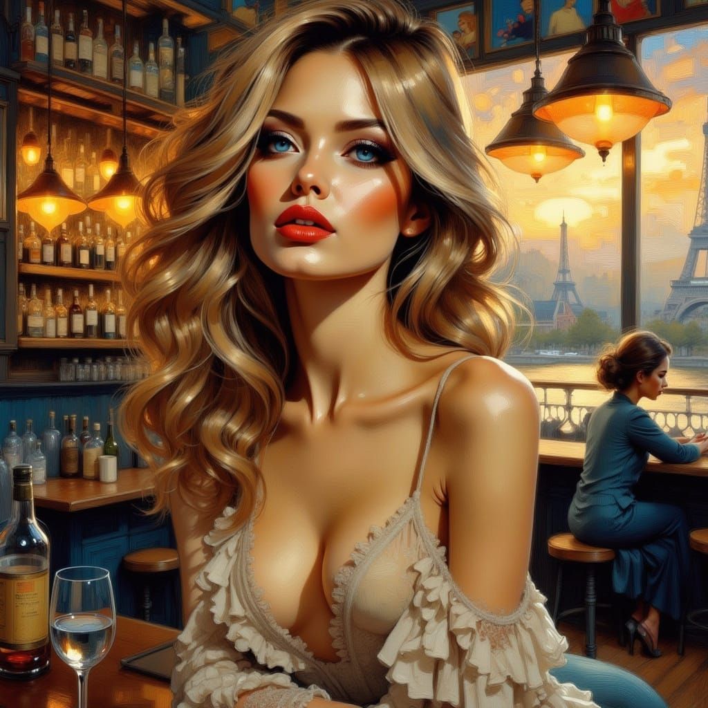 Elegant Woman in Bar: Oil Painting Style