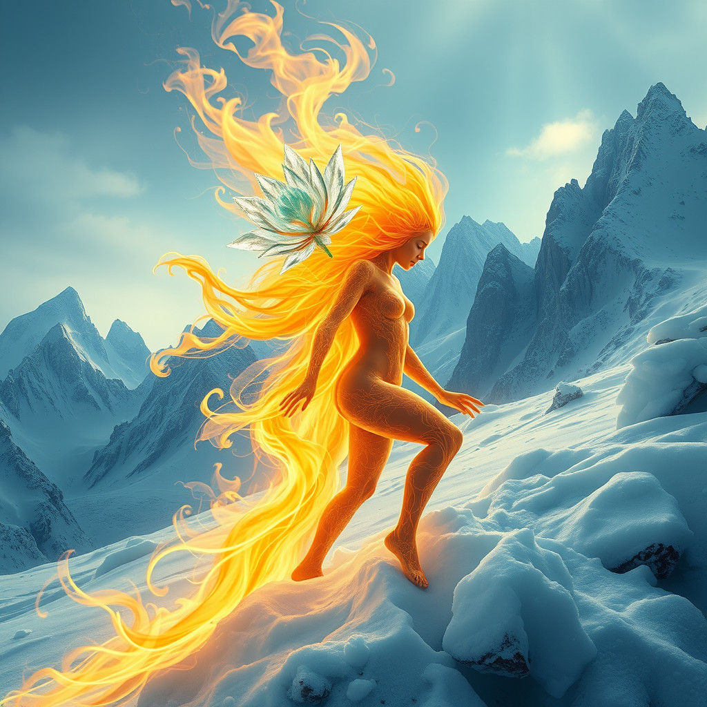 Fiery Maiden on Frozen Tundra: Digital Art