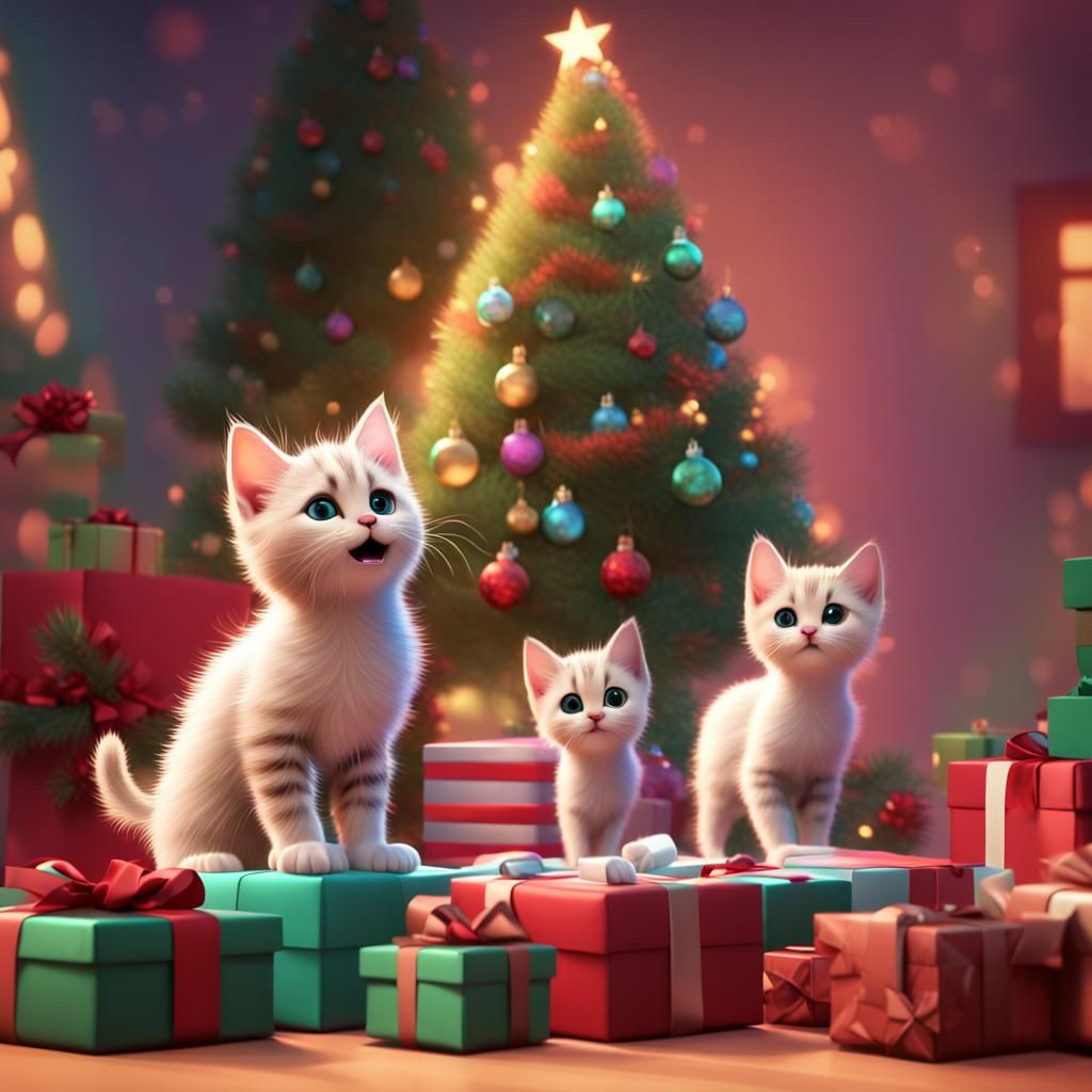 A Kitten Peeks Out of a Christmas Box in Vibrant 3D