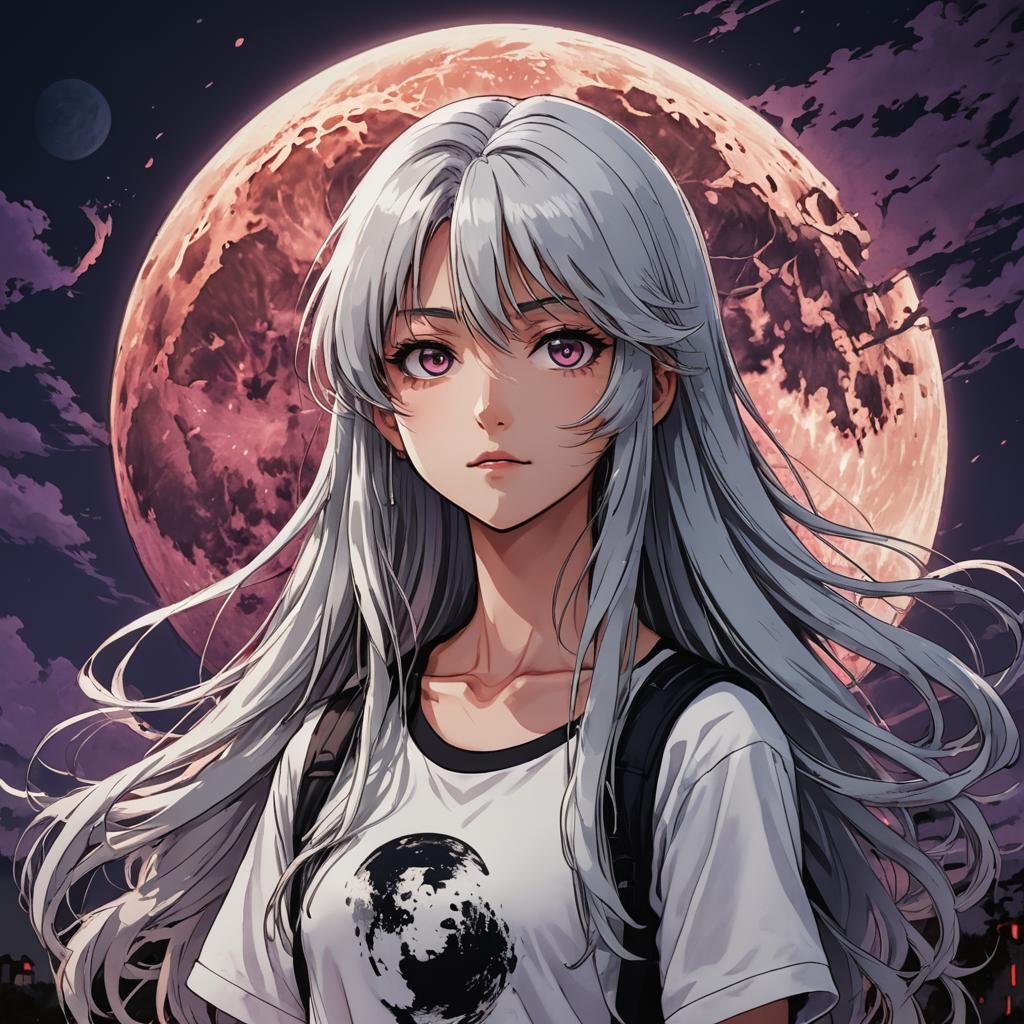 Manga Girl Under Blood Moon in Anime Style