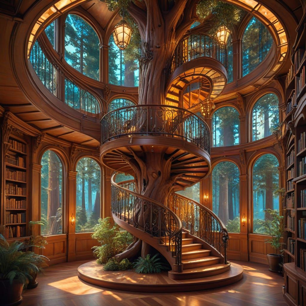 Whimsical Sequoia Library in Art Nouveau Style