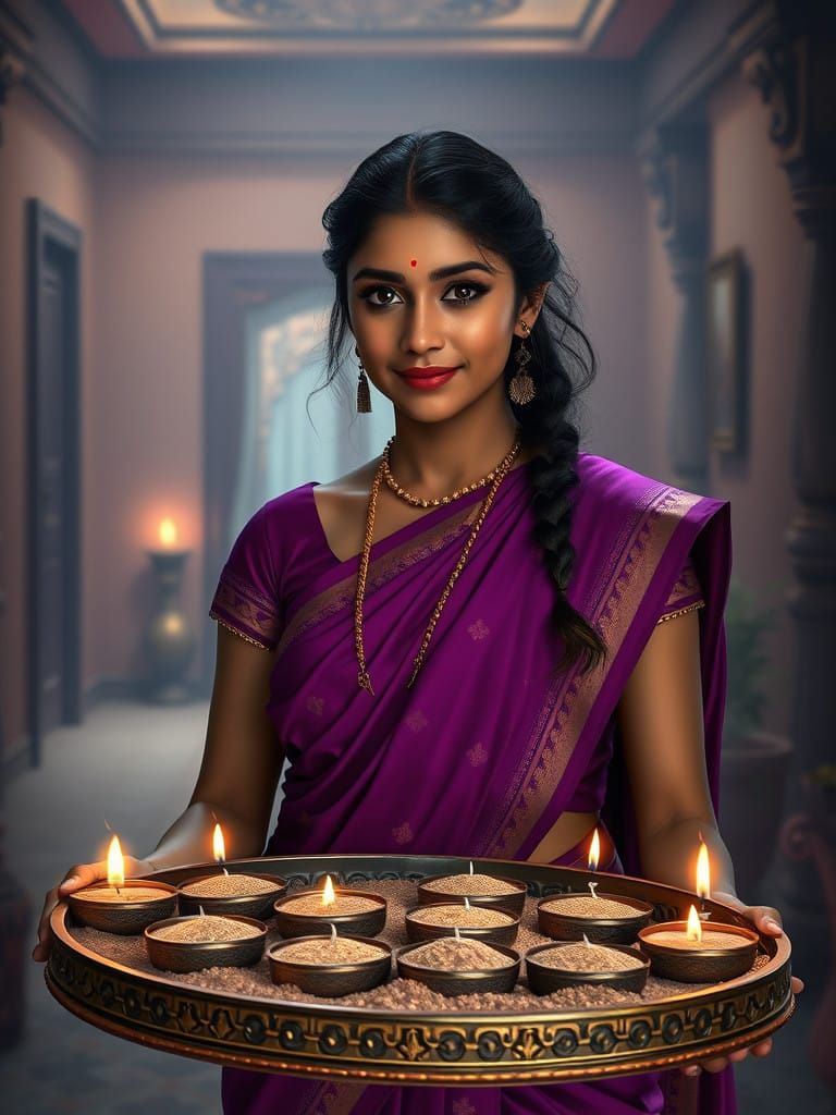 Young Woman in Elegant Purple Saree, Surrounded by Candles i...