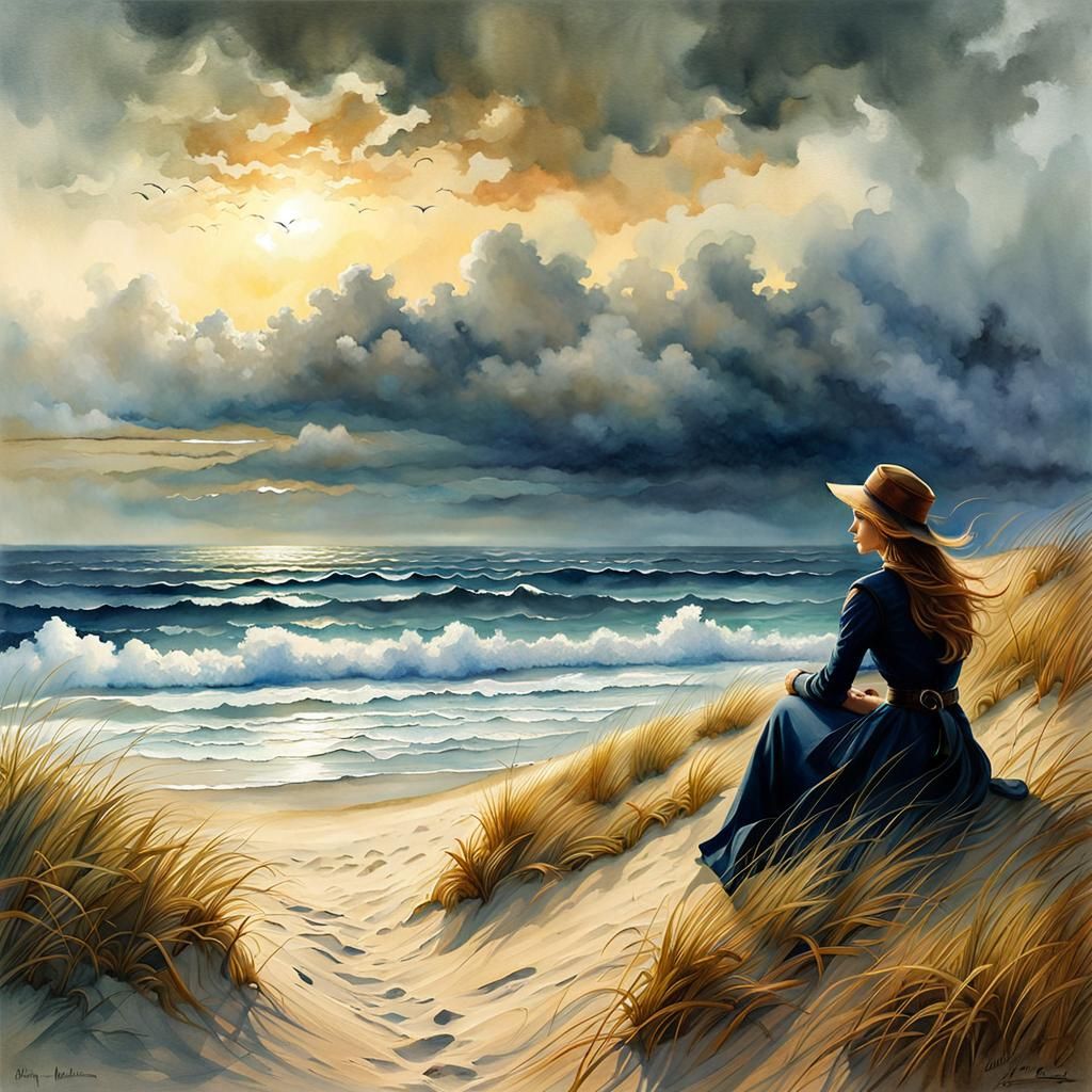 Sad Girl on Beach in Watercolor and Ink