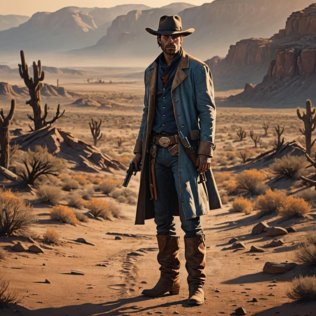 Lone Cowboy with Six-Shooter in Western Sunset