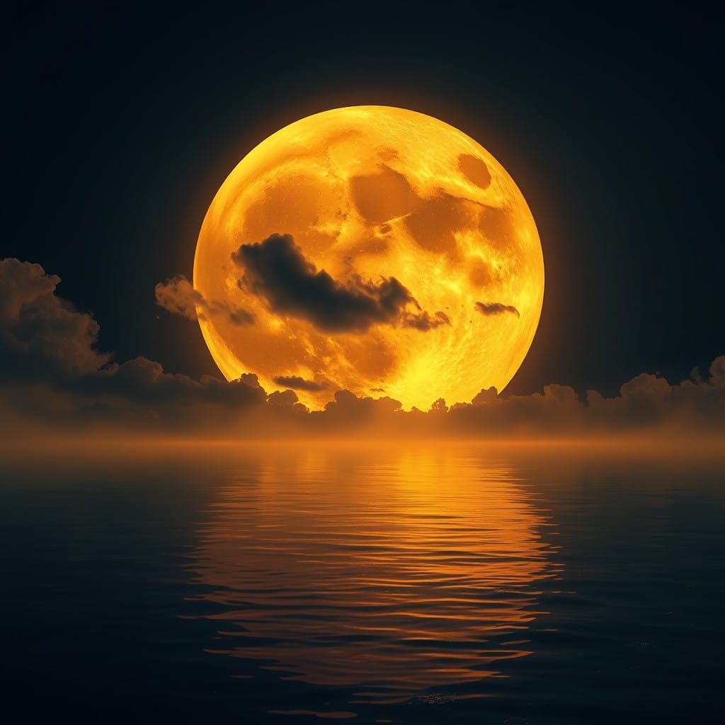 Giant Honey Moon Reflected on Midnight Ocean