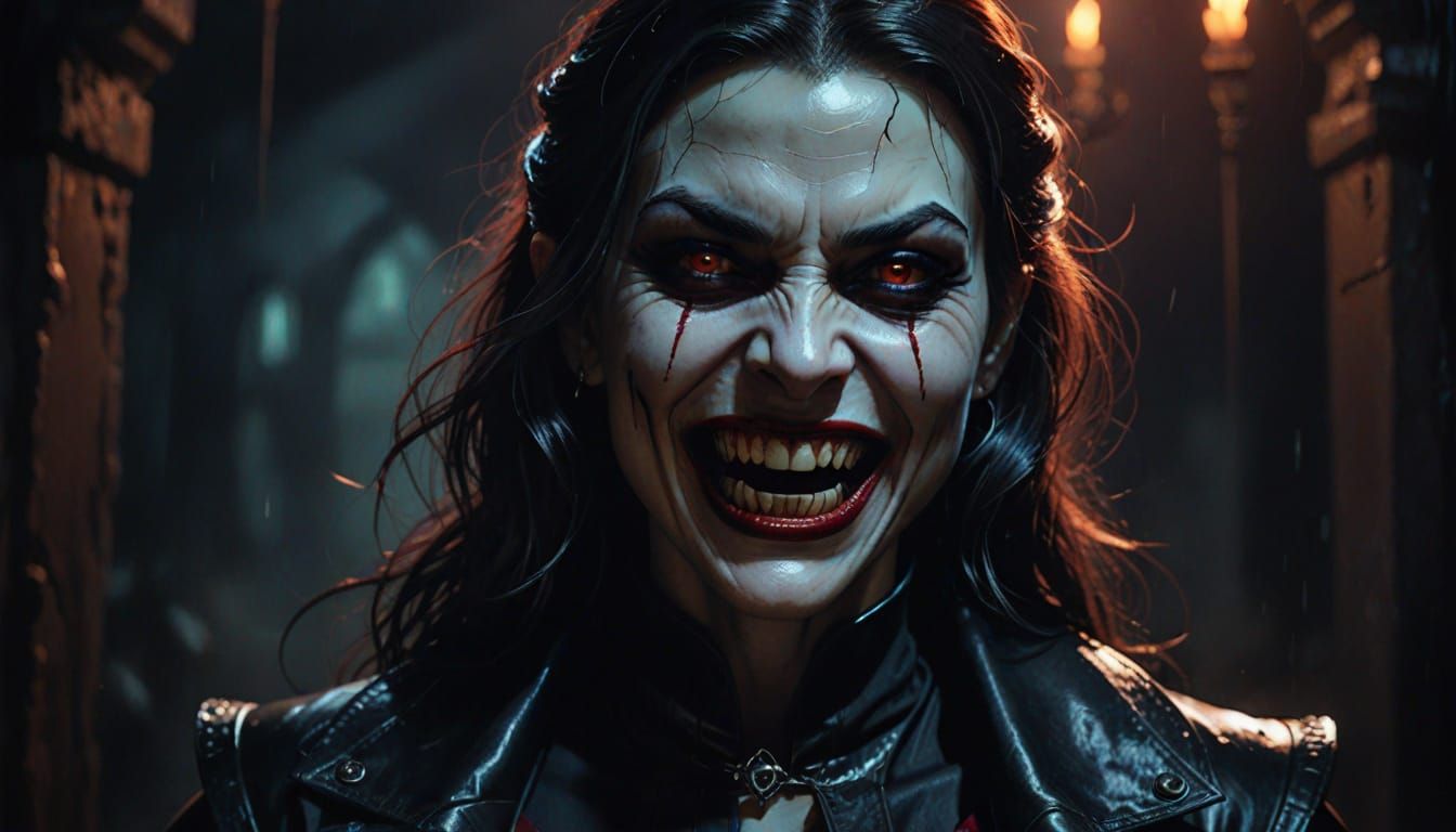 Eerie Vampire Woman with Fangs in Gothic Horror Style