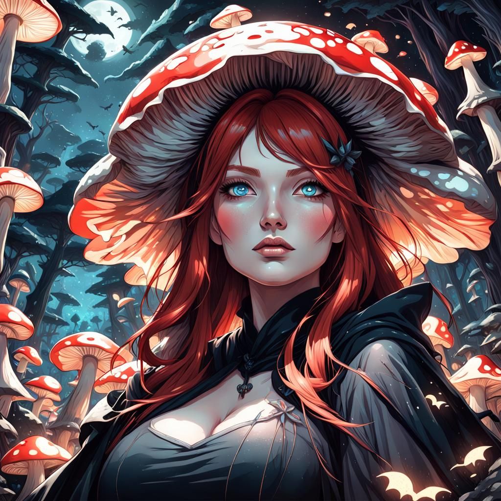Anime Mushroom Woman Portrait in Magic Forest