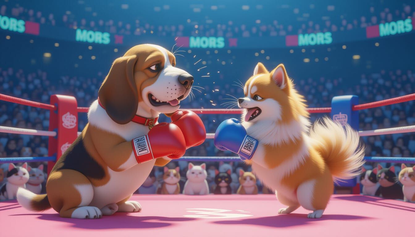 Basset Hound vs Pomeranian Boxing Match in Anime Style