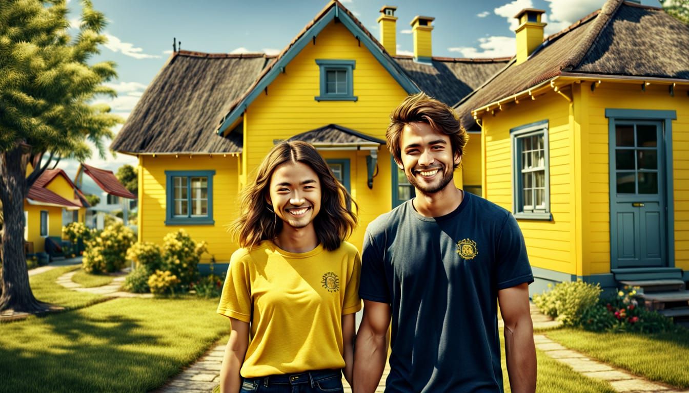Cinematic Couple in Front of a Cozy Yellow House