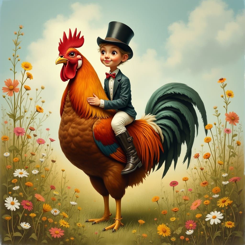 Whimsical Chicken Jockey Rides Proud Rooster in Lush Meadow