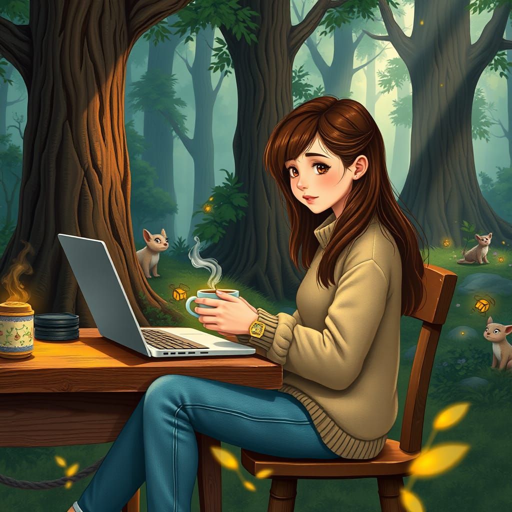 Young Fantasy Writer Surrounded by Whimsical Forest