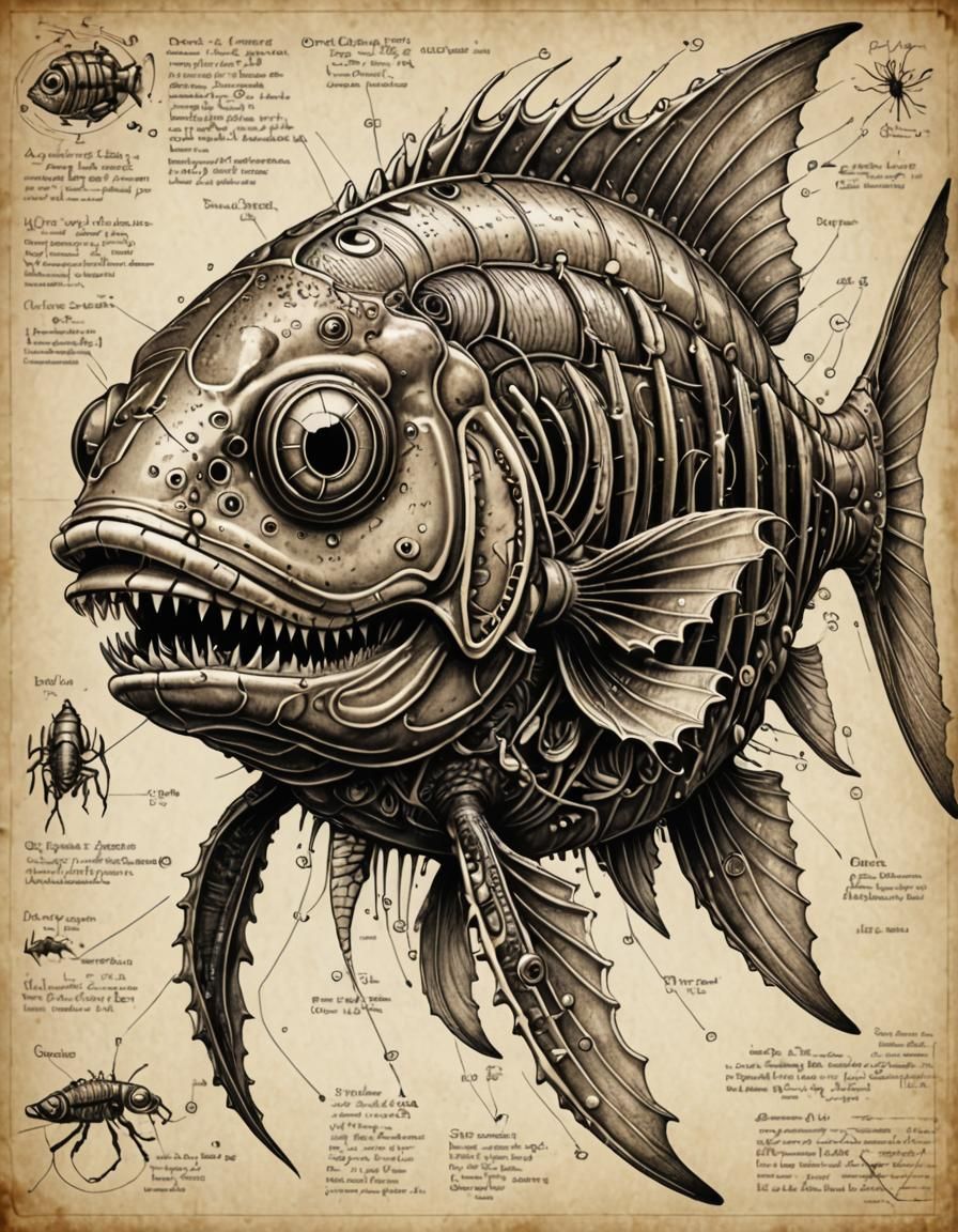 Detailed Ink Diagram of Deep Sea Fish