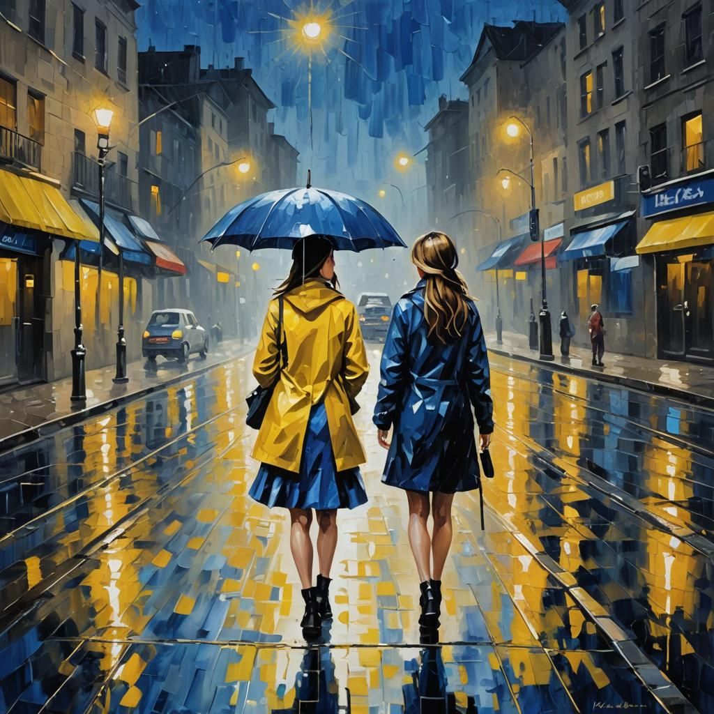 Rainy Street Scene as Neo-Impressionist Oil Painting