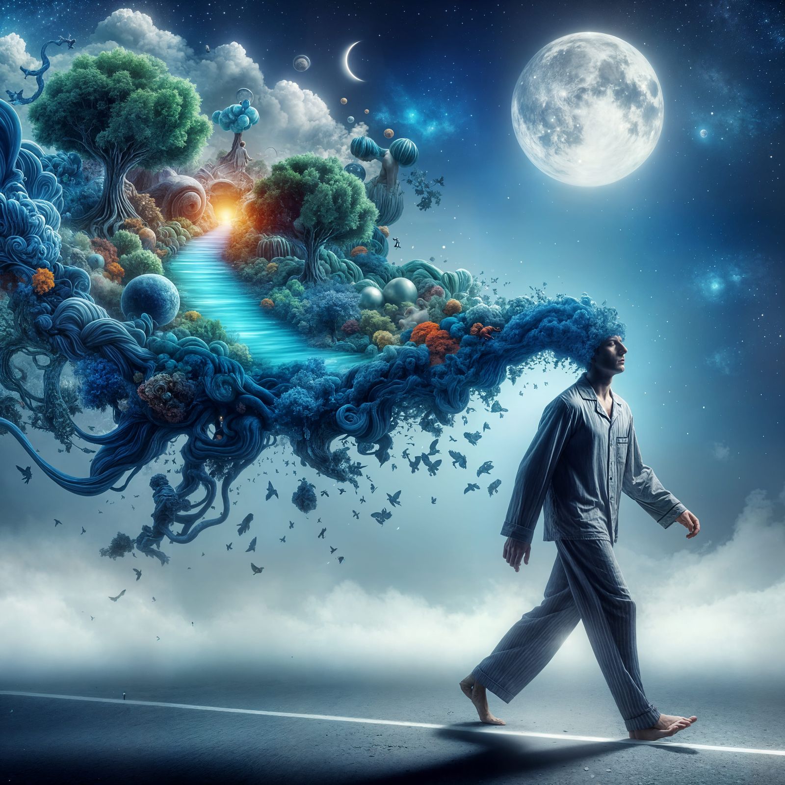 Surreal Dreamscape Emanating From Sleepwalking Man