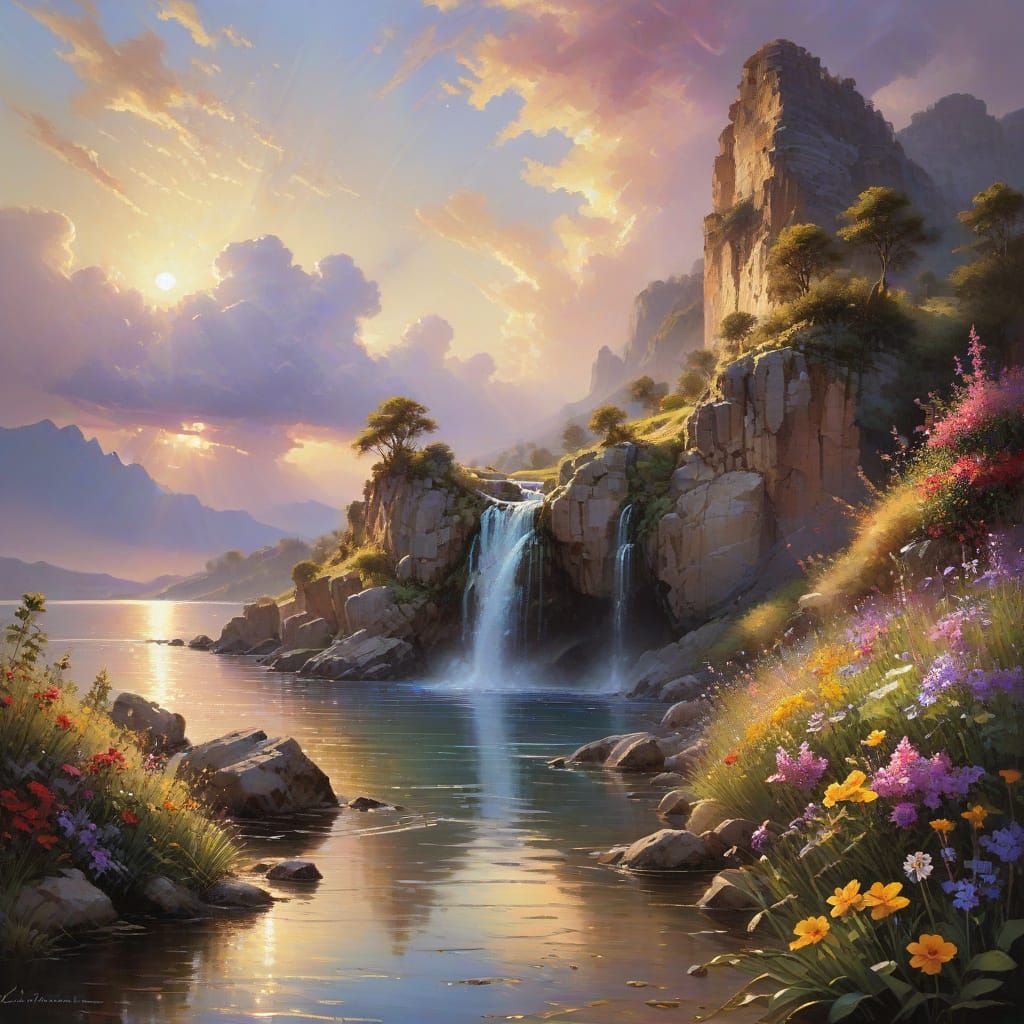 Tactile Sunset Mountainscape with Majestic Waterfall and Vib...