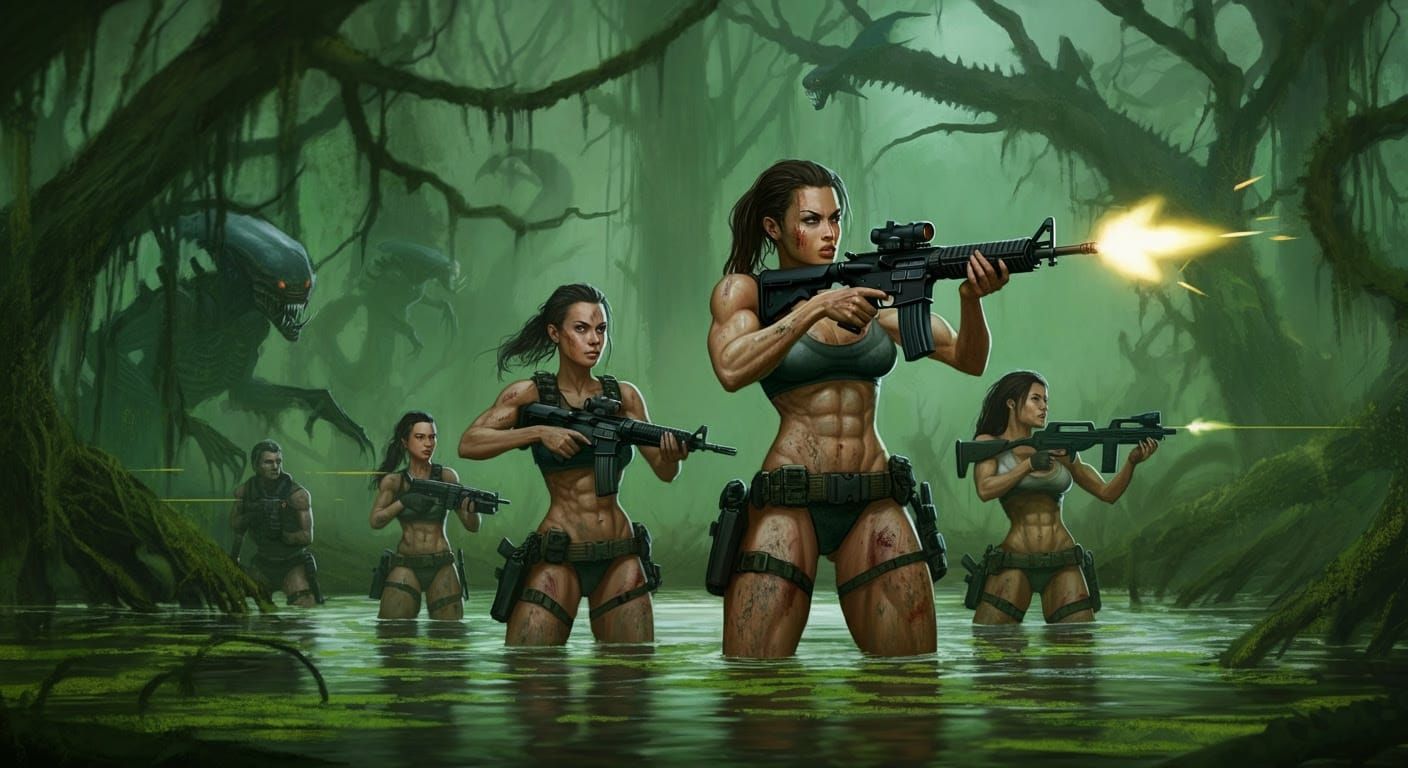 Battle-Hardened Female Soldiers Wading Through Mysterious Sw...