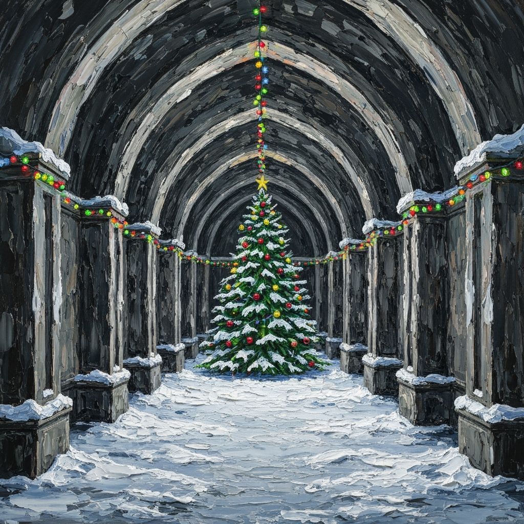 Festive Crypt Scene with Christmas Lights