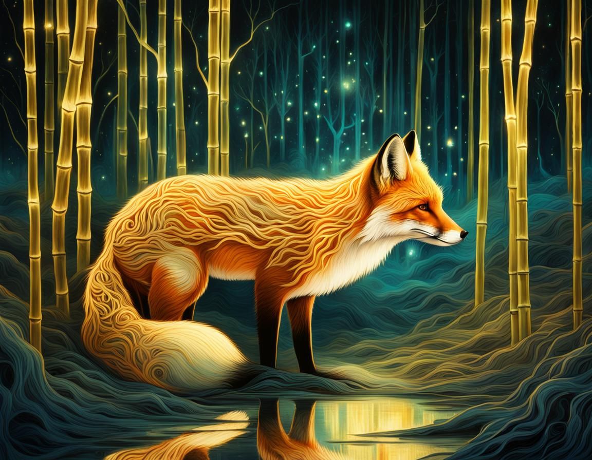 Surreal Digital Art: Obsessive Fox Amidst Bioluminescent Neu...