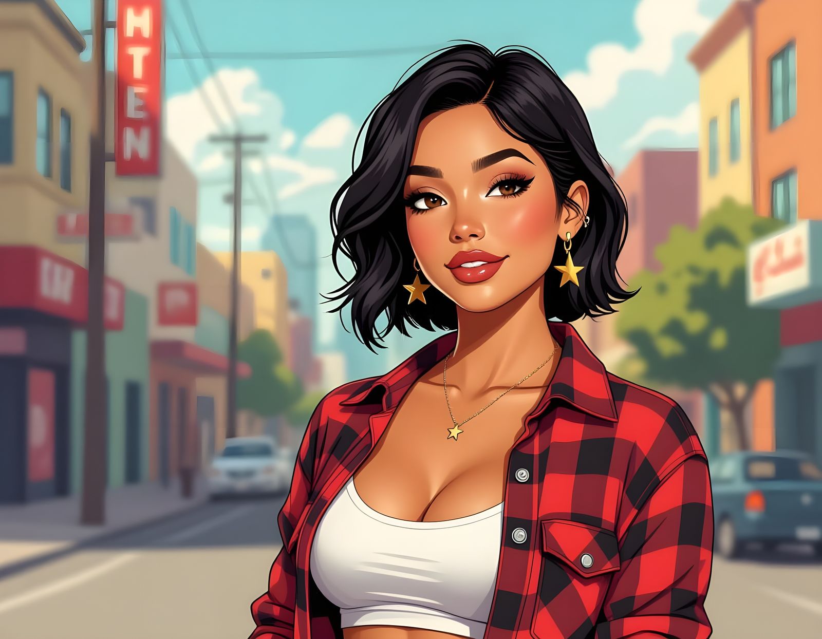 Mexican Woman in Flannel Print in City