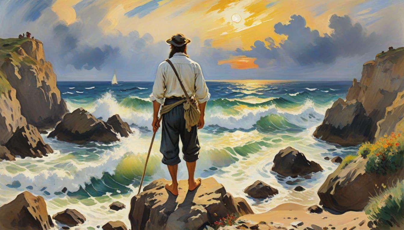 Epic Gouache Masterpiece of Robinson Crusoe in Stormy Seasca...