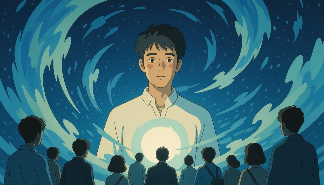 Serene Man in Dark World: Anime-Inspired Aura